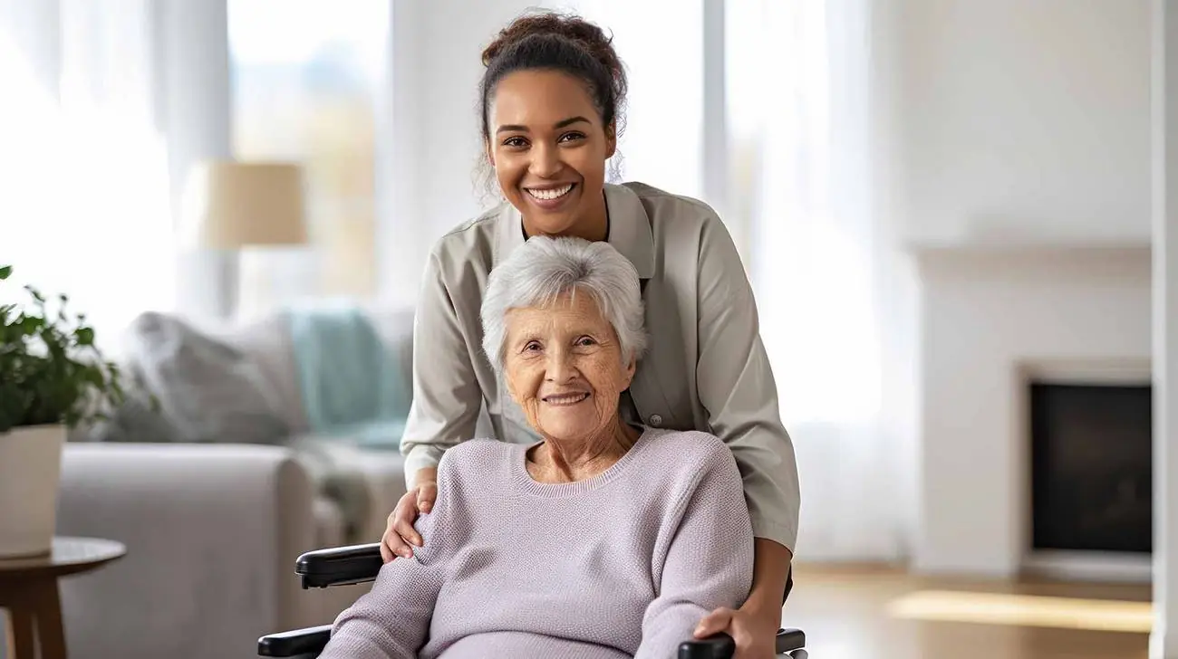 Carer standing behind a smiling older woman in a bright living room